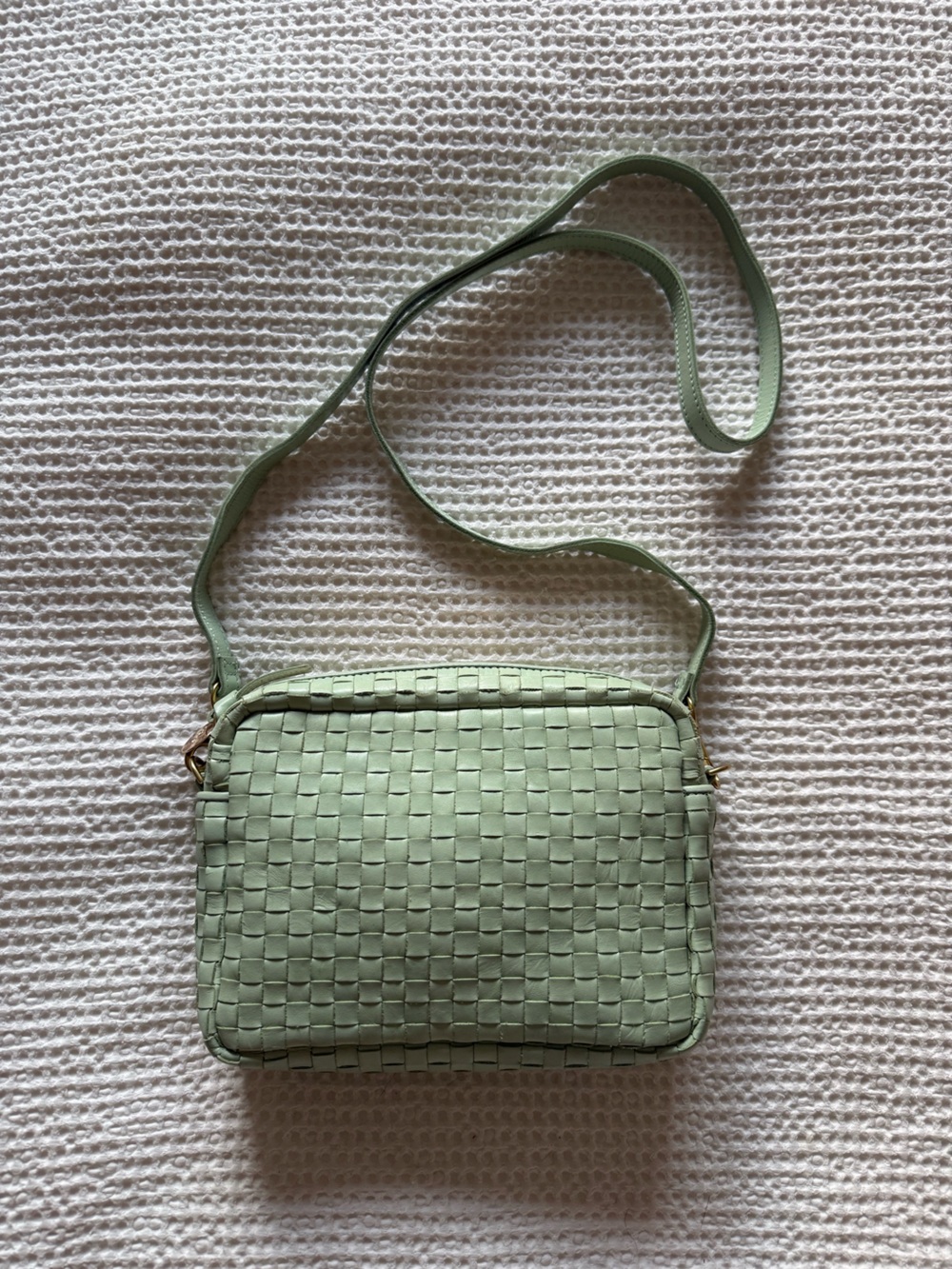 Clare V. Woven Crossbody Bag Midi Sac in Seafoam Green Woven Leather